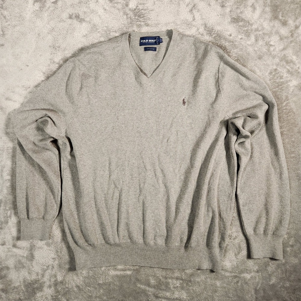 Polo Golf Ralph Lauren Sweater Mens XL Gray V‎ Neck 100% Cotton